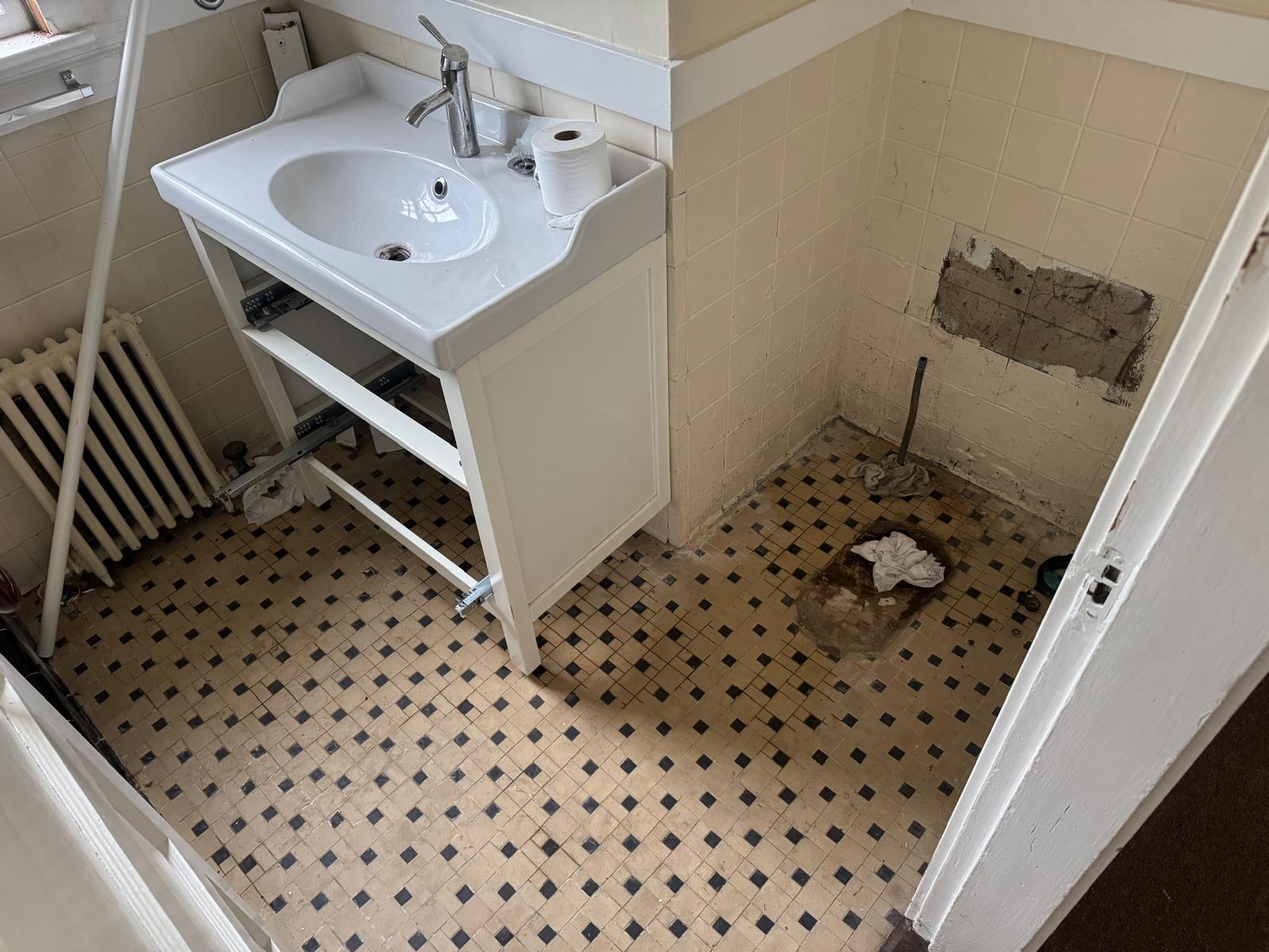 Before — the same bathroom on demolition day